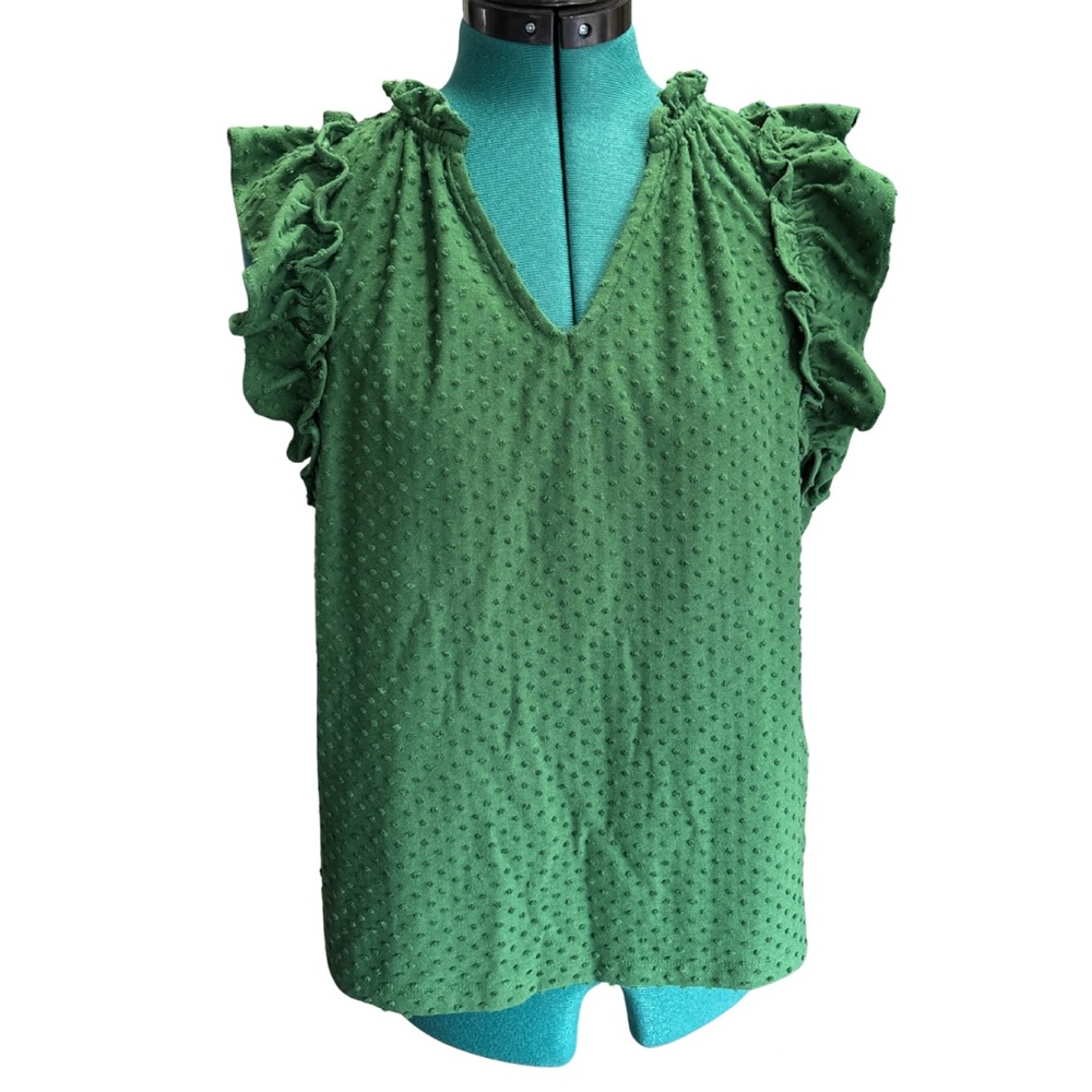 J. Crew Emerald Green Ruffle Sleeve Textured Blouse Tank Top size Large - Picture 1 of 5